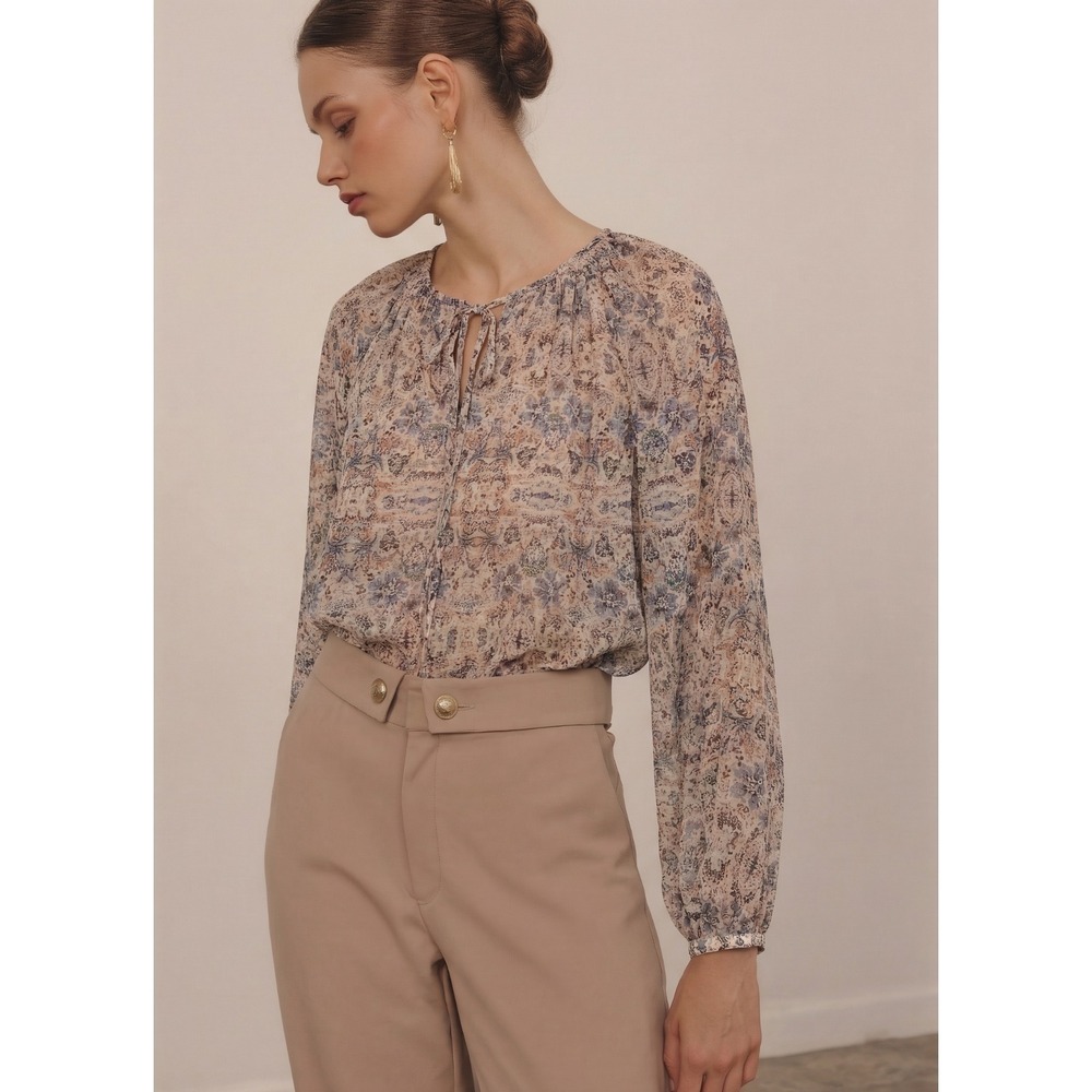 Cabi Women's Sheer Floral Tie Neck Peasant Blouse Romantic Cottagecore Boho SM